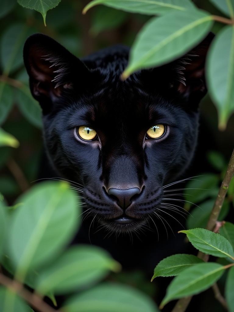 A black panther hidden among dense greenery. The panther has striking yellow eyes. It stares directly into the camera. Leaves partially obscure its face. The image captures the essence of hidden beauty in wildlife.