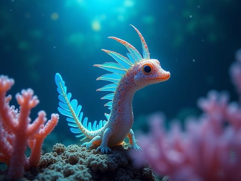Leafy sea dragon in an underwater setting. Sea dragon resembles ragfish with a unique body shape. Colorful coral reef in the background. Stunning cinematic and bioluminescent appearance. Detailed illustration with dynamic lighting and captivating colors.