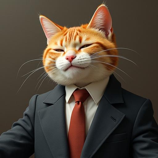 a semi-realistic cat in a suit has a relaxed posture. Cat has a slight grin and eyes closed in relief.