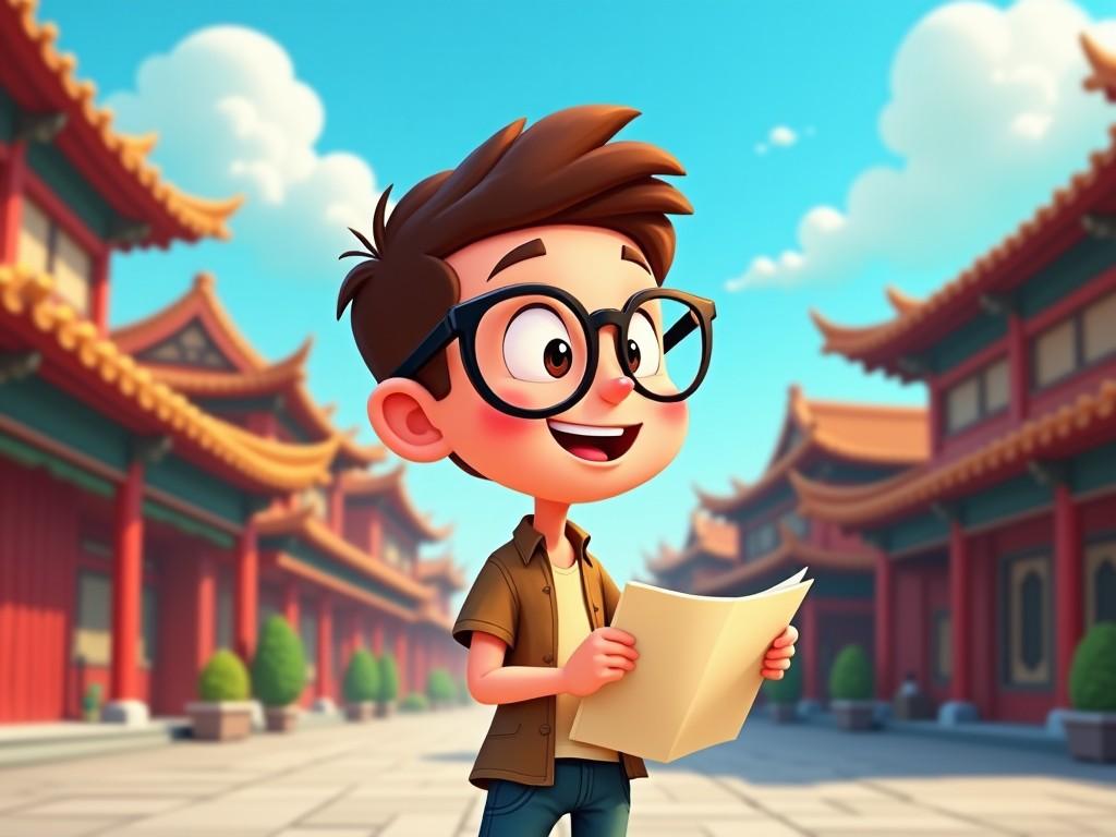 A cartoon boy wearing glasses is exploring a city filled with traditional East Asian architecture. He holds a map, looking excited and curious about his surroundings, under a bright blue sky.