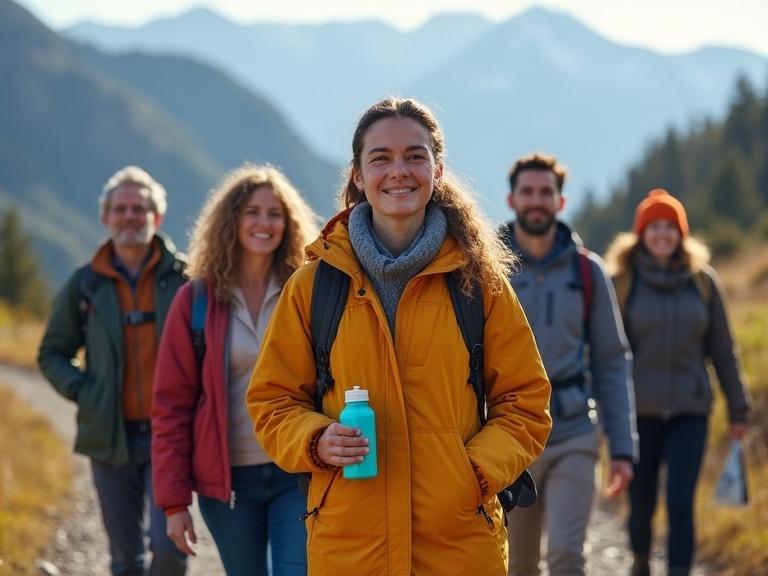 Diverse group of travelers hiking in a natural setting. They display confidence and enjoyment. Carry practical items like a water bottle, using a restroom-locator app. Comfortable clothing for outdoor activities. A sense of empowerment and proactive planning is conveyed. Background features scenic mountains and trails.