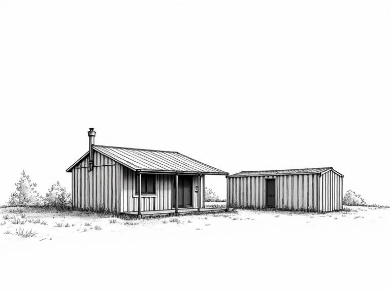 Black and white line art illustration shows coarse shipping container and modern converted container home side-by-side. Monochrome ink drawing style highlights technical details with high contrast. Cottage structure must resemble container with same dimensions as rough container nearby.