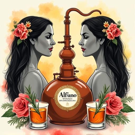 Stylized illustration featuring two women in profile facing each other. Long hair with flowers. Skin in grayscale. Copper distillation apparatus in the center. Bottle of Alfruno whiskey below. Two glasses filled with whiskey garnish. Colorful roses and rosemary surround them. Watercolor warm hues background.