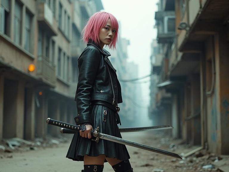 Low angle photo of a woman in a leather skirt holding a katana. The scene is in a desolated urban setting. The atmosphere feels apocalyptic. The woman has pink hair and wears a leather jacket. She has a defiant expression and looks to the side.