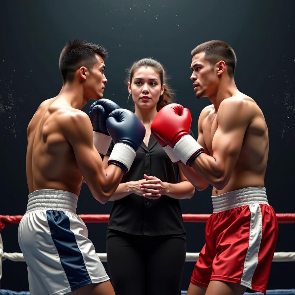 Two boxers compete in a boxing match. One boxer throws a jab; the other throws a jab back. The first boxer slips the jab and pivots. One boxer has a thin short body; the other is muscular and tall. A woman referee rings the bell to announce the start of the fight.