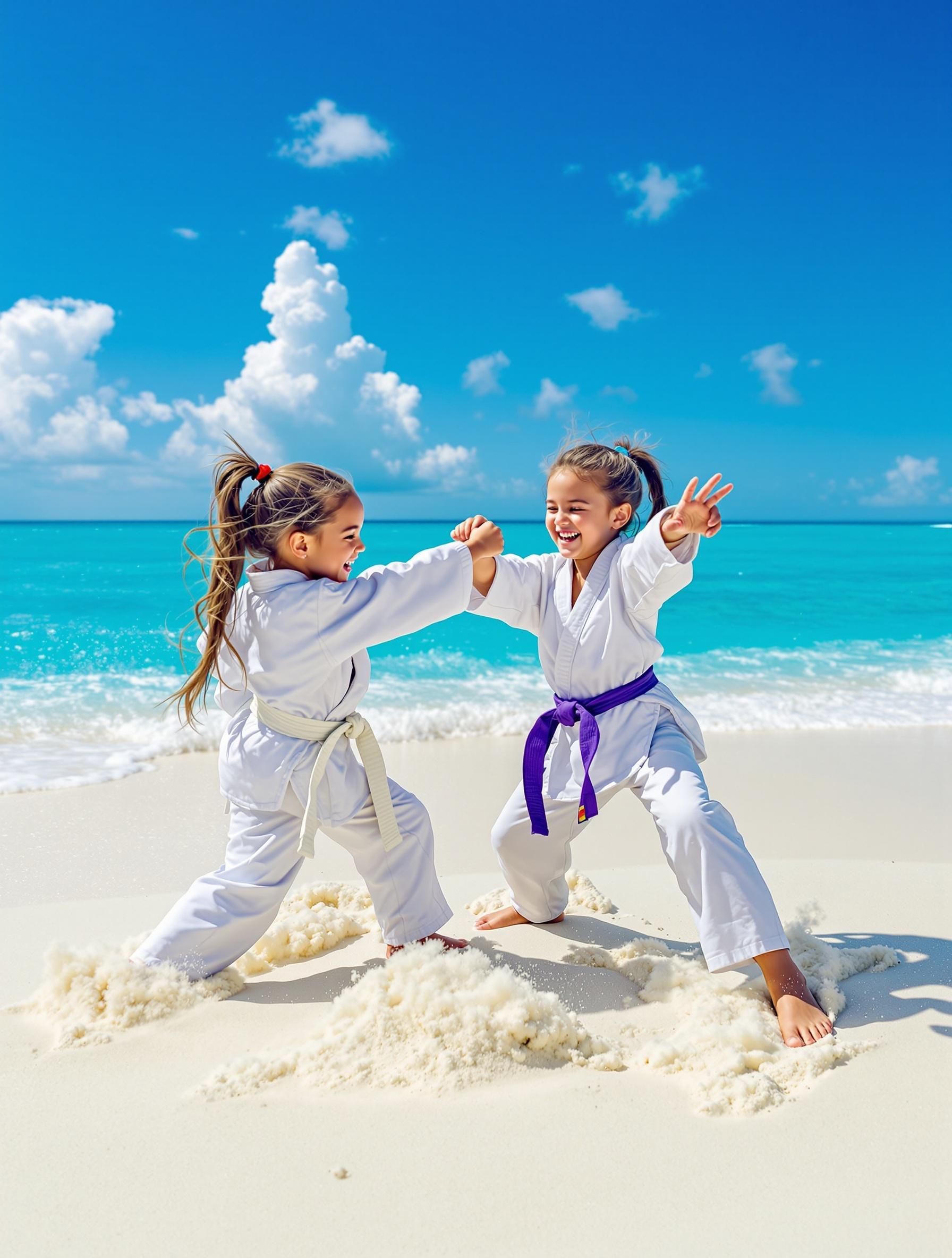 Two girls practicing taekwondo on a beach. They are in white taekwondo uniforms. One wears a purple belt. The clear sea is in the background. No people nearby. Soft white sand underneath. Blue sky above with fluffy clouds. The scene is vibrant and joyful.