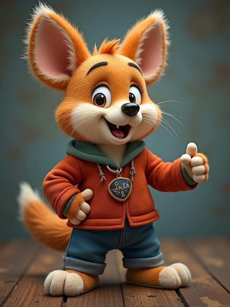 A character named Vinnie, a cute cartoon fox with a friendly smile. Vinnie wears an orange jacket and blue pants, standing with thumbs up. The background is a muted color that enhances the character's vibrancy.