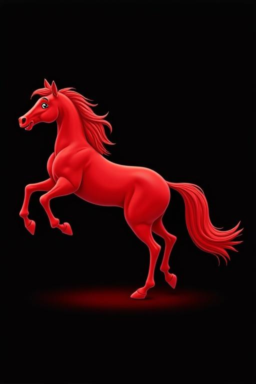 Illustration of a red horse rearing up. Full tail in view. Black background resembling Disney style.