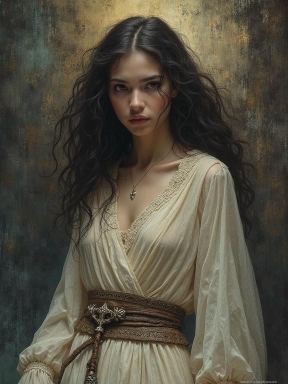 Drawing featuring a woman with long hair wearing a light dress with a decorative belt, set against a textured dark background. Style combines elements of 1970s fantasy art with a focus on ethereal beauty.