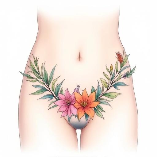 Symmetrical floral garlands designed as a tattoo on hips and lower abdomen. Flowers are vibrant and colorful with a delicate style. Snake head appears at the bottom of one garland. White or transparent background.