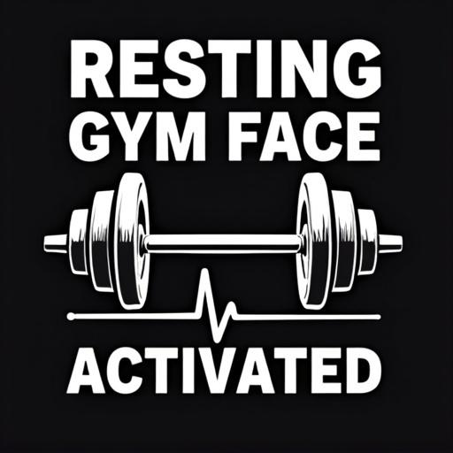 Bold design features text reading Resting Gym Face Activated. Includes dumbbell and heartbeat line in white on a black background. Suitable for gym enthusiasts with a sense of humor. Perfect for T-shirts or fitness gifts.