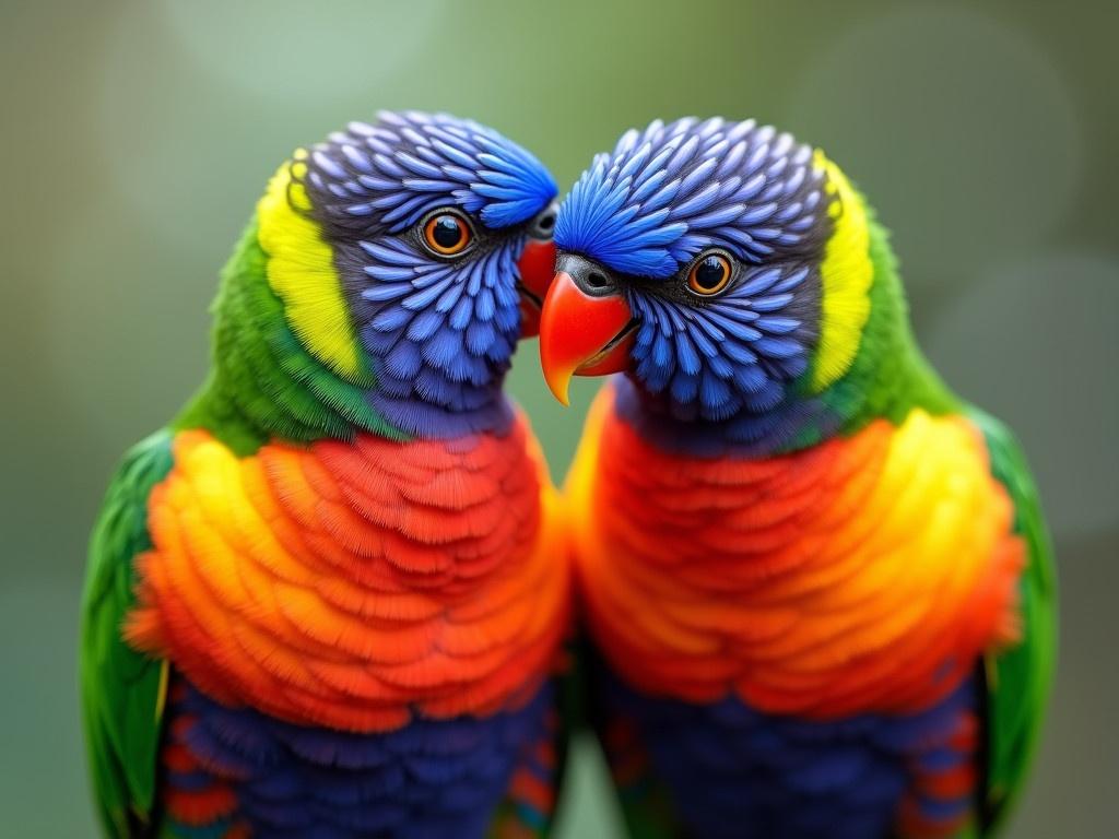 This image features two vibrant lorikeet birds, showcasing their stunning rainbow-colored feathers. The birds are positioned close to one another, allowing for an intimate view of their details. One lorikeet appears to be whispering a secret to the other, creating a sense of connection between them. The colors are bright and eye-catching, with shades of blue, green, yellow, and orange blending together beautifully. The background is softly blurred, highlighting the charming interaction between the two birds.