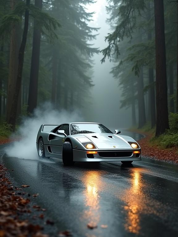Silver Ferrari F40 drifts on wet winding forest road surrounded by redwoods. Rain-slick asphalt reflects headlights and motion-blurred trees. Water sprays from tires through puddles. Rear wheels kick mist and leaves. Determined driver grips steering wheel. Iconic silhouette angled in powerful slide. Dynamic side or 3/4 rear angle. Light filters through foggy canopy for cinematic atmosphere.