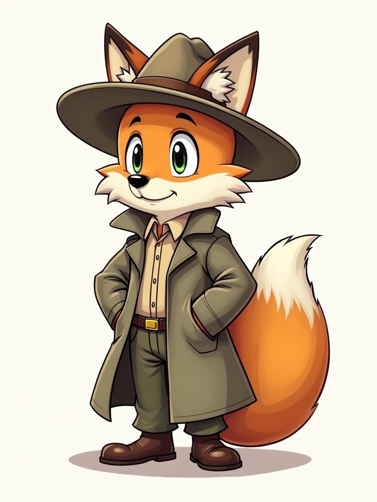 Draw a fox character in a park ranger's hat and trench coat. No background. The fox is smiling with its hands in its coat pockets.