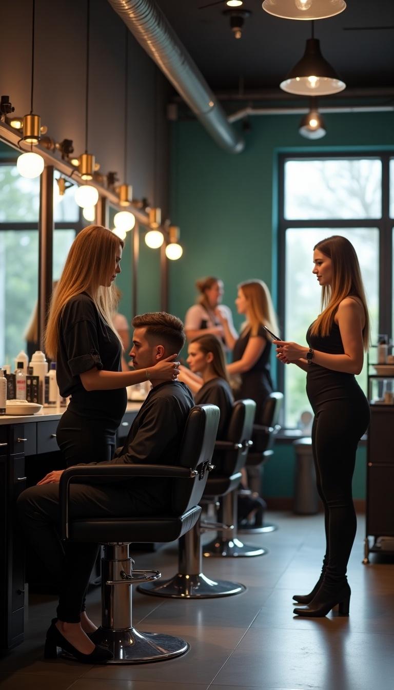 Highly realistic scene of a modern barbershop. All barbers stylishly dressed women. Sleek interior design with bright lighting and large mirrors. Female barbers engaging with customers. Atmosphere is lively and professional. Workspace clean and organized.