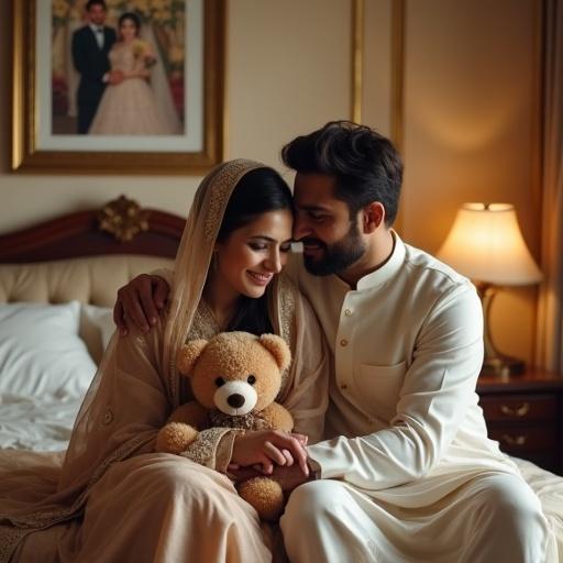 Wealthy Pakistani couple in a luxurious bedroom. Traditional decorations with elegant furniture. Soft warm lighting. Wife wearing a simple shalwar kameez with a dupatta. Holding a teddy bear in her lap, looking sad. Husband in shalwar kameez comforting her. Emotional atmosphere reflecting their struggle with infertility. Framed wedding photo on the wall showing their joyful past. Bride in ornate bridal dress with veiled face. Groom in sherwani with floral sehra. Both smiling in the photo.