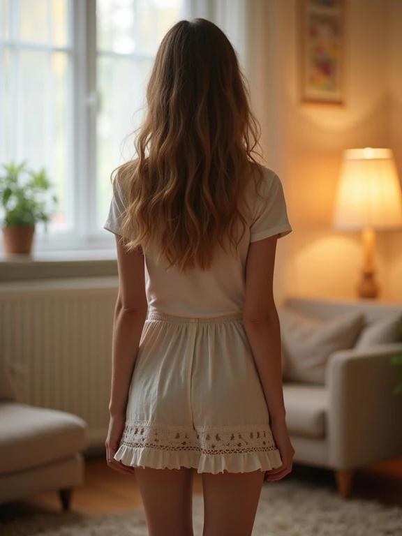 A young girl stands with her back facing the viewer. She wears a mini skirt. The setting is a cozy living room with a warm light. A large window provides natural light. The aesthetic is unpolished and inviting.