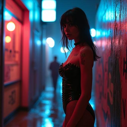 Neon-lit alley with a woman in a latex bodysuit. She stands by a dumpster, holding it. Her look mixes allure and vulnerability. Fishnet stockings, high-heeled boots, a choker with a rose, and a serpeant tattoo on her body. A shadowy figure appears in the background. The scene is rainy, with a moody atmosphere and hints of danger.