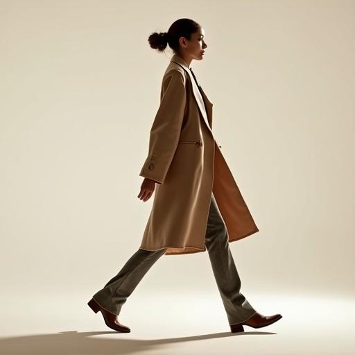 A woman walks fluidly and elegantly to the right of the screen in a fixed medium side shot. The camera remains static as the character moves, creating visual dynamics. She crosses the frame from left to right, walking confidently and looking straight ahead. Her arms swing naturally, and her silhouette is well defined against a uniform light background. The lighting is soft and even, accentuating the contours of her body as she moves naturally.