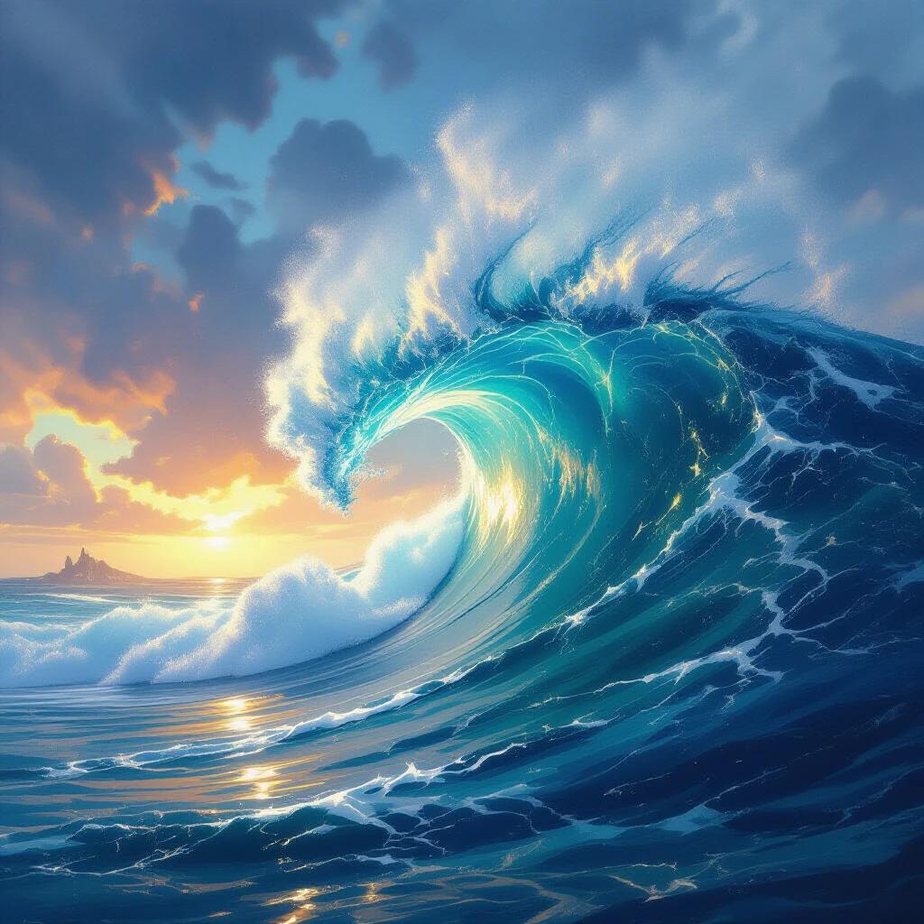 A vibrant and artistic depiction of a large ocean wave with a scenic sunset in the background. The scene is filled with a sense of motion and energy, showcasing the beauty of the sea.