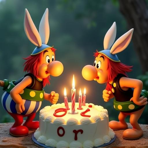 Asterix and Obelix are blowing out six candles on a birthday cake. The cake has 'ori' written on it. Soft green background enhances the focus on the characters and cake.