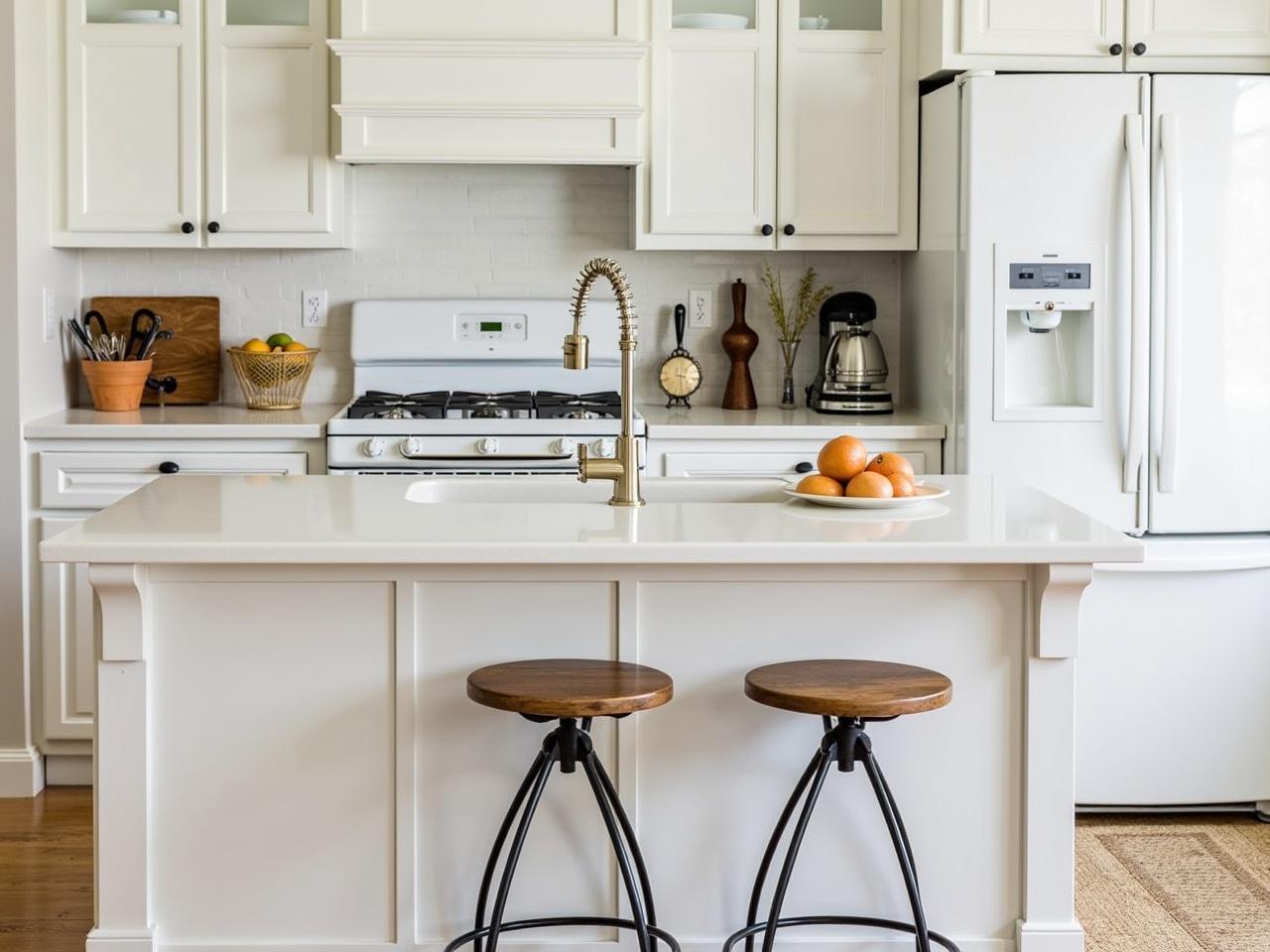 This image depicts a modern and inviting kitchen with white cabinetry and a sleek kitchen island. The space features a set of wooden stools at the island, providing a cozy spot for meals or coffee. Countertops are clear, contributing to an organized appearance. Additionally, appliances are neatly arranged, showcasing the functionality of the kitchen. Overall, this image reflects a spacious, clean, and well-maintained kitchen environment, perfect for both cooking and socializing.