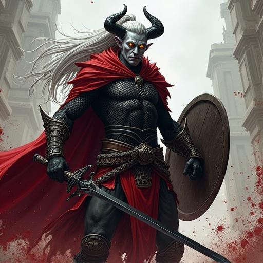 A tall imposing male tiefling mid-swing with his black longsword. Ash-gray skin with amber glowing eyes. Long silver hair from a high ponytail. Sleek black curved horns. Wears a chainmail shirt and red cloak. Shield on his back. Blood splashing around. Dynamic action pose. Cinematic lighting. Comic book style with cel-shading and bold outlines. Stylized shadows inspired by realism and Borderlands.