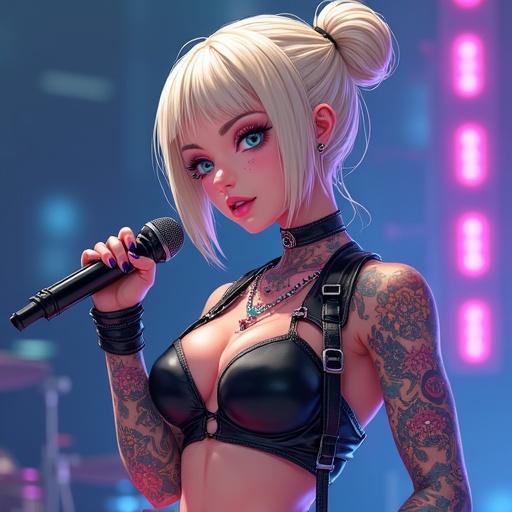 Anime character in a modern punk rock fashion. Stylish woman with frosted blue eyes and a high blonde bun. Energetic atmosphere inside a luxurious concert stage. Bold tattoos and modern concert attire. Features an expressive face and confident pose.