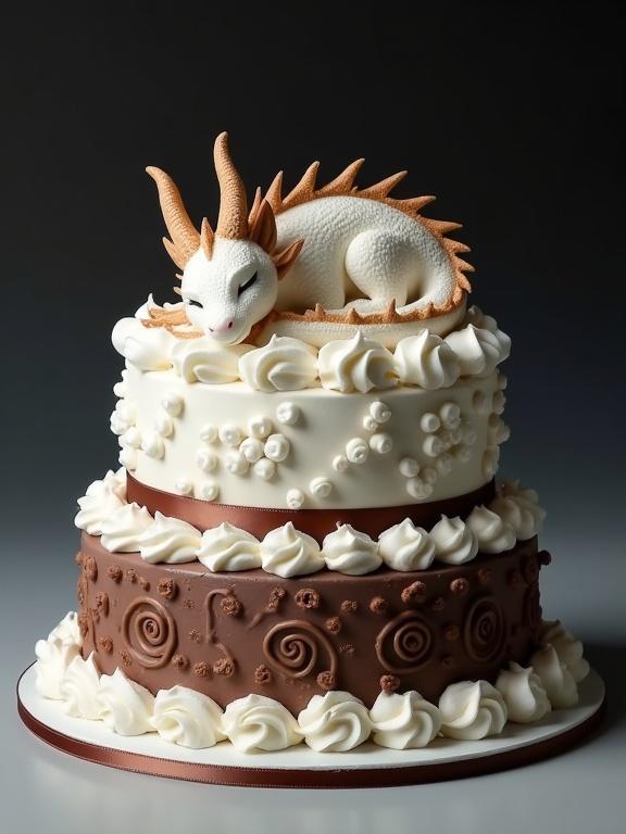 A two-tiered cake with a white dragon on top. The dragon has brown accents and sleeps on frosting resembling clouds. The top tier features white frosting swirls while the bottom tier is dark brown with decorative patterns. A border of rosettes and a ribbon adds detail. Background is dark to enhance cake colors.