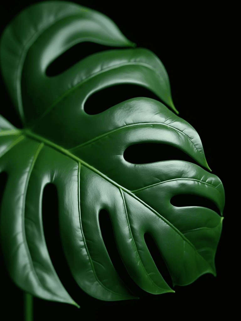 A vibrant, glossy green monstera leaf with distinct, perforated patterns stands out against a deep black background.