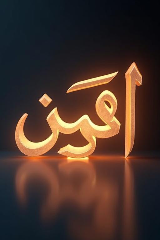 Transparent image with glowing Arabic text. Clear calligraphy style. Text shows 3D effect and emits light glow.
