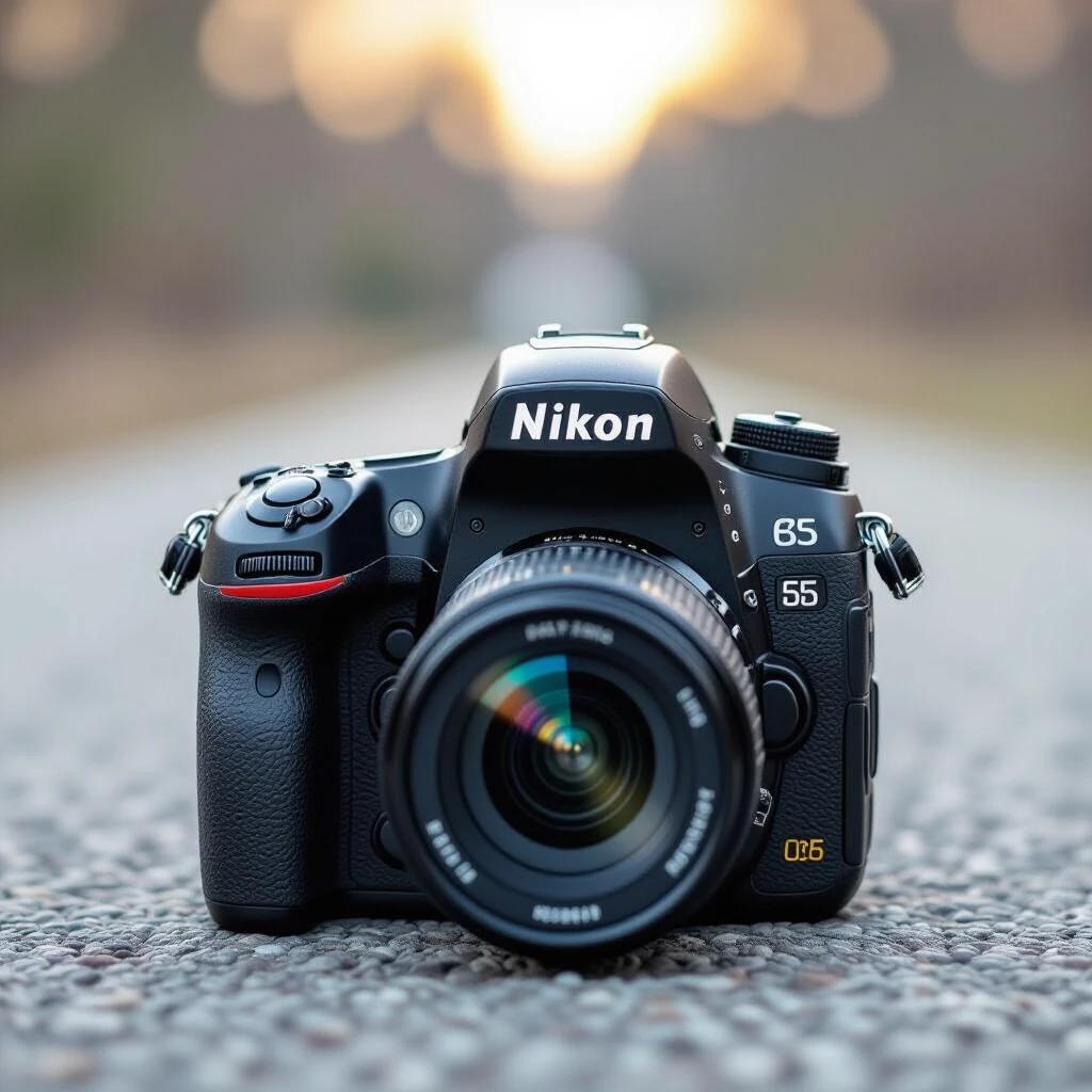 Realistic full frame Nikon camera on a paved road. The camera is centrally positioned. Soft sunlight in the background creates a bokeh effect. Close-up on the Nikon camera showcases its features.