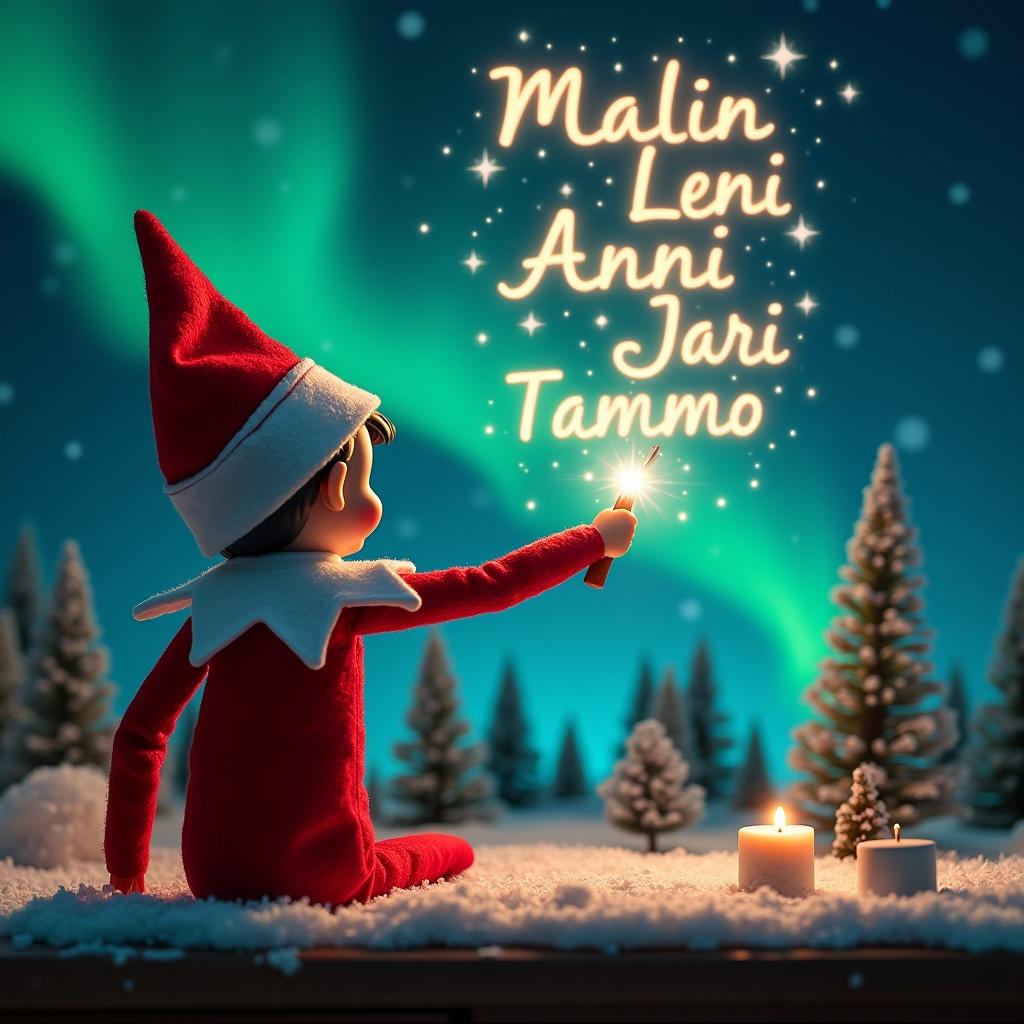 Enchanting Christmas scene with an elf on the shelf. Elf faces sky with back to viewer. Elf wears red and white outfit. Elf wields magic wand writing names in glowing script. Background features northern lights. Scene shows festive, whimsical holiday spirit.