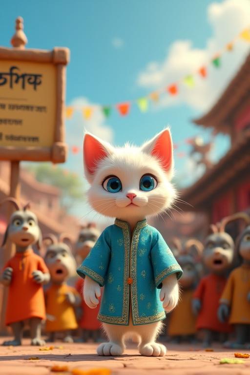 A lively village square under a bright sky. A noticeboard displays a list with Lee’s name in Bengali. Lee is a white cat with blue eyes wearing a blue kurta. She stands proudly on two legs. A crowd of anthropomorphic animals in colorful attire looks surprised. The square has vibrant banners and flowers. The scene is jubilant and bright.