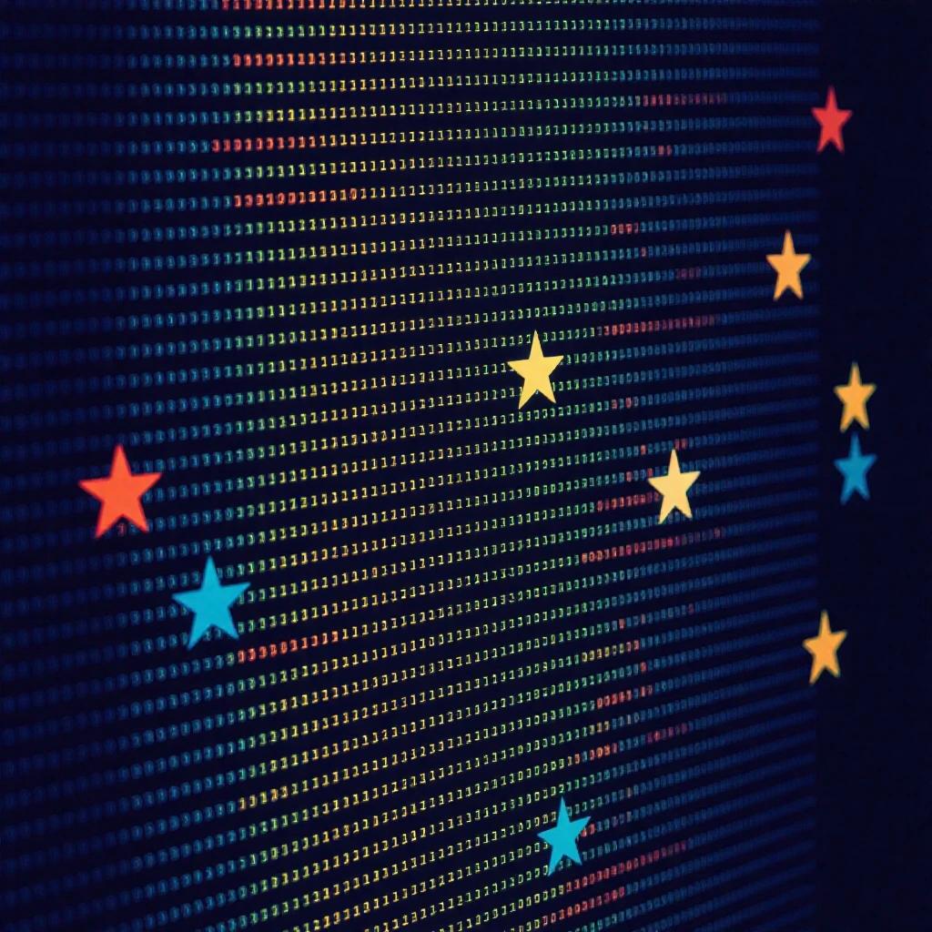 Photograph of a colorful array of code lines on a computer screen. Dark blue background contrasts with bright text in red green blue yellow orange. Densely packed text shows complexity. Superimposed bright stars add whimsical flair. Slightly blurred edges focus on center of code and stars. Smooth texture typical of digital graphics. Modern digital style conveys innovation and creativity.