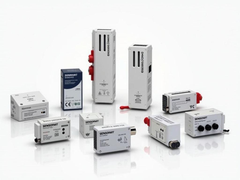 The image showcases a collection of devices from the brand Sensopart. There are various types of sensors displayed, each with distinct shapes and sizes. The sensors have a modern design, featuring a combination of white, silver, and black colors. Some sensors include red light elements, indicating their function related to detection or measurement. The devices are arranged in a way that highlights their features, set against a minimalistic background for emphasis.