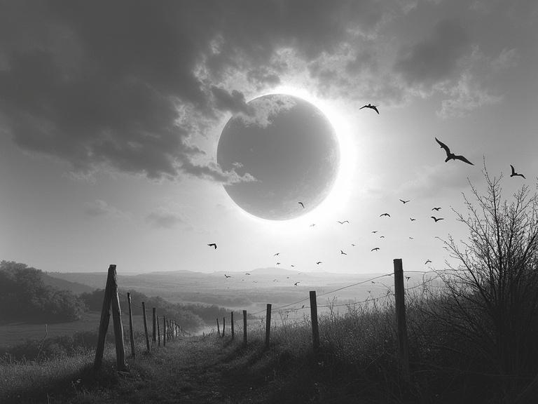 A black and white landscape scene with an eclipse. Features a wooden fence and flying birds. The landscape appears deserted and rural. The atmosphere is mysterious.