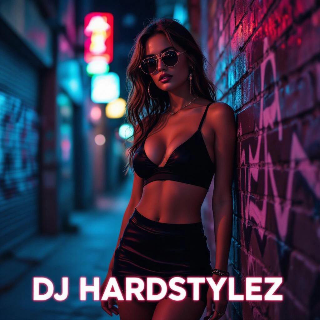 Night scene in dark alley. Woman in miniskirt and sunglasses leans against a wall. Neon lights glow in background. Album cover for DJ Hardstylez.