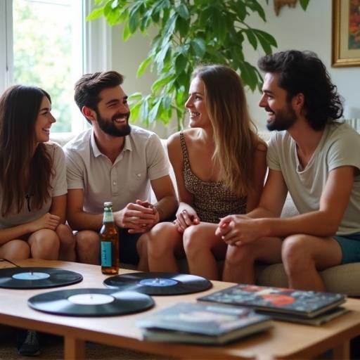 Group of four young people sitting on couch in living room. Engaged in lively conversation and enjoying each other's company. Coffee table features vinyl records and bottle of beer. Room decorated with plants and a rug. Window visible in background. People dressed in casual summer attire smiling and laughing.
