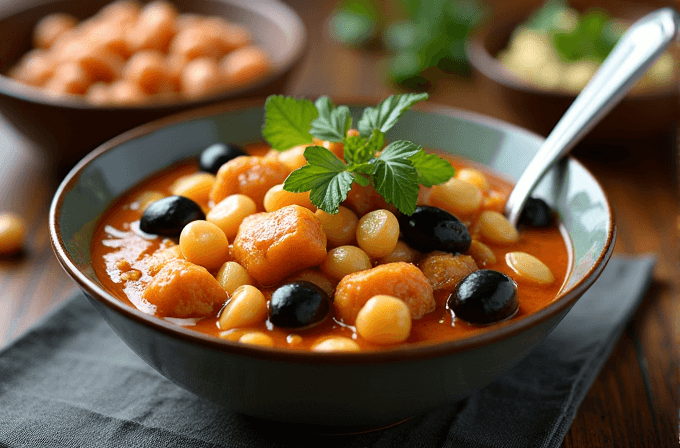 A bowl of delicious stew with gnocchi, olives, and garnished with fresh herbs.