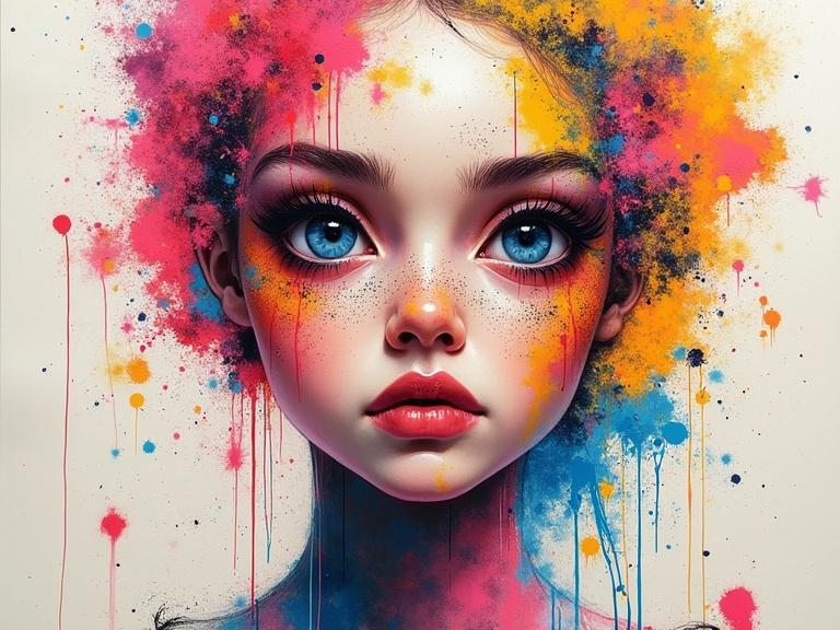 Portrait of a young woman. Face has expressive brushstrokes, splashes, and geometric shapes. Colors include pink, orange, yellow, and blue. Background is light with paint marks. Lively and chaotic composition.