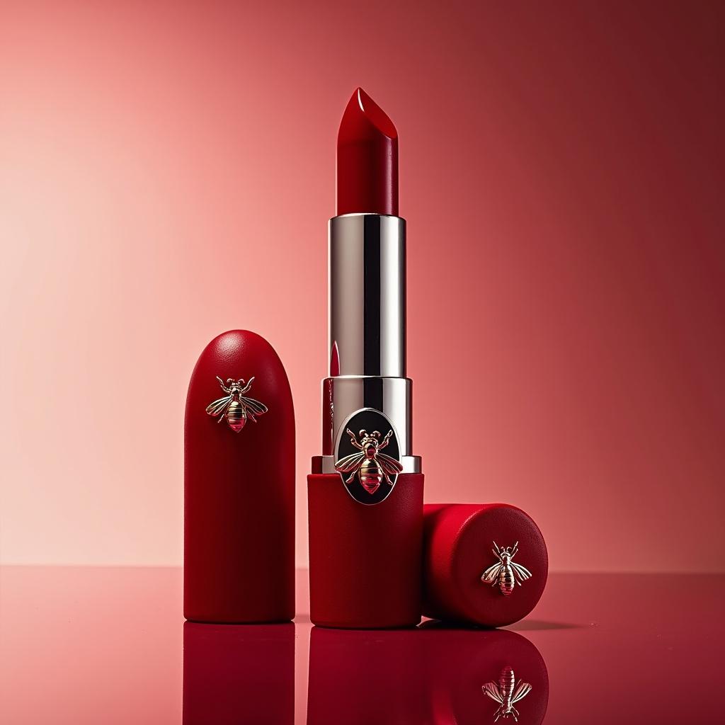 The image presents a luxurious Guerlain lipstick-shaped bottle designed for their Rouge G perfume edition. The bottle is elegantly styled, showcasing a vibrant red lip color and a silver twisted mechanism. The design includes a signature Guerlain bee, symbolizing the brand's heritage. The cap functions as both protection and a stylish mirror, complementing the overall aesthetic. This environment enhances the product's allure, making it visually captivating for potential customers. The image conveys sophistication and luxury, appealing to makeup enthusiasts and collectors.