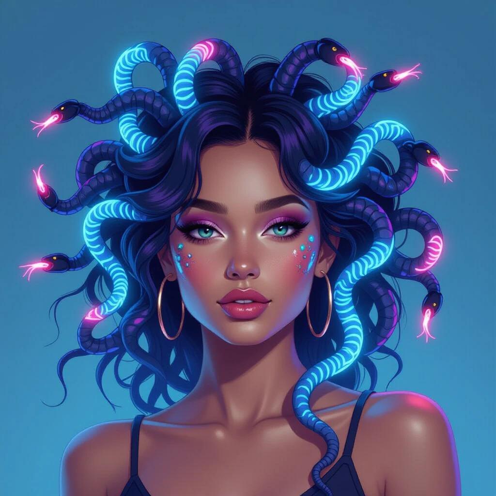 A modern Medusa with snakes creating a vivid and futuristic hairstyle. Snakes are designed in neon colors, glowing against a soft blue background. The overall look is vibrant and artistic.