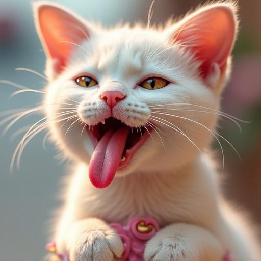 An ice cream cone topped with a creamy mixture that resembles a cat's tongue and face. Soft colors blend into the cone. The scene is playful and inviting.