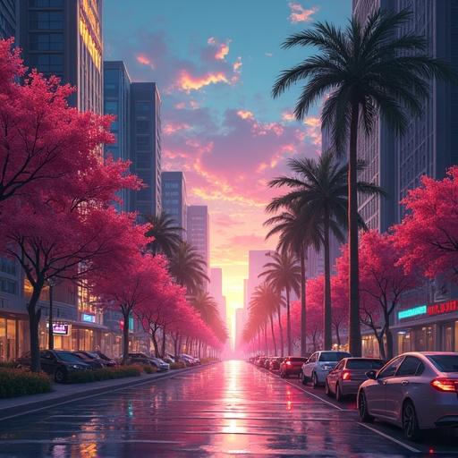 Anime style depiction of a futuristic city street in summer. Features a modern slum area at midnight with cherry blossom trees lining the street and palm trees. The cityscape has light gold and onyx black tones with an overall serene atmosphere.