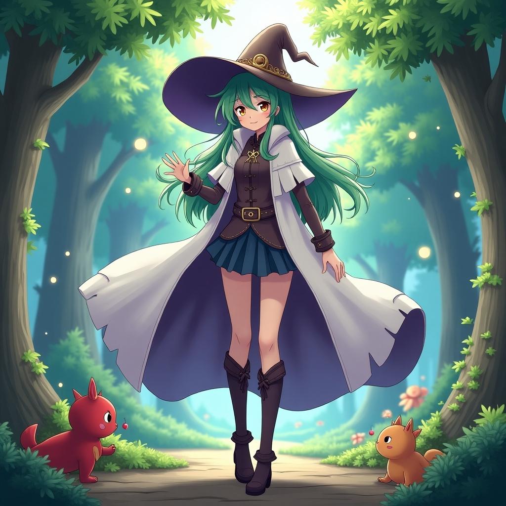 The image features a whimsical anime witch named Elaina standing at the center of an enchanted forest. She has long, flowing green hair and wears a stylish witch's hat along with a detailed cloak. Two adorable small creatures are playfully positioned beside her, adding charm to the scene. The background is filled with lush greenery and soft, glowing lights, enhancing the magical atmosphere. This illustration captures the essence of fantasy and adventure, inviting viewers into a world of imagination and charm.