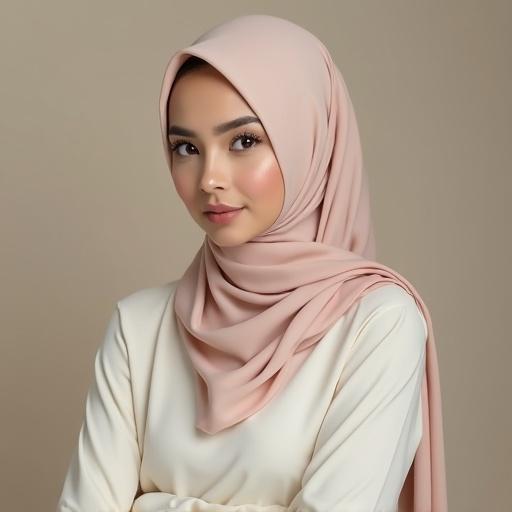 High detail portrait of a young beautiful woman from Indonesia with an elegant cream hijab. She has natural makeup and a soft expression. Full body view showing her legs while maintaining elegance.