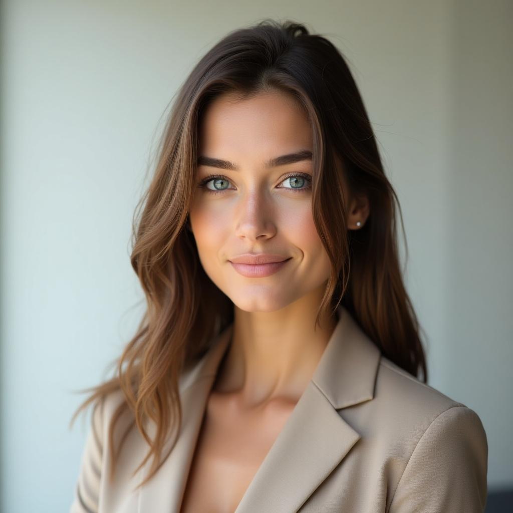 Elegant portrait of a young woman in her 20s with straight brown hair and striking blue eyes. Wearing a neutral tone blazer, reflecting professionalism and confidence. Minimalist background in light and neutral tones emphasizes her features and direct gaze at the camera. Photorealistic style, high resolution, sharp focus, delicate skin and hair details. A warm, approachable, and sophisticated appearance conveying intelligence, innovation, and leadership.