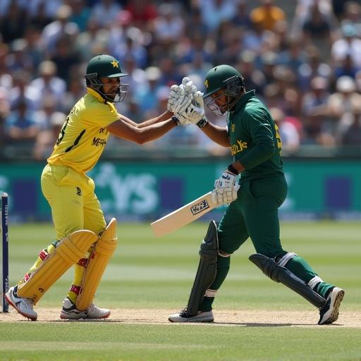 Cricket match between India and Pakistan. Players in bright yellow and green uniforms. Players shaking hands. Cricket stadium setting. Natural daylight. Competitive atmosphere.