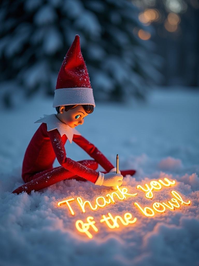 Elf character sits on snow writing in glowing lights thank you for the bowl of cereal. Elf wears a red outfit and festive hat. Scene captures winter ambiance with soft light from dusk sky and snow-covered background. Lights form artistic cursive letters in snow.